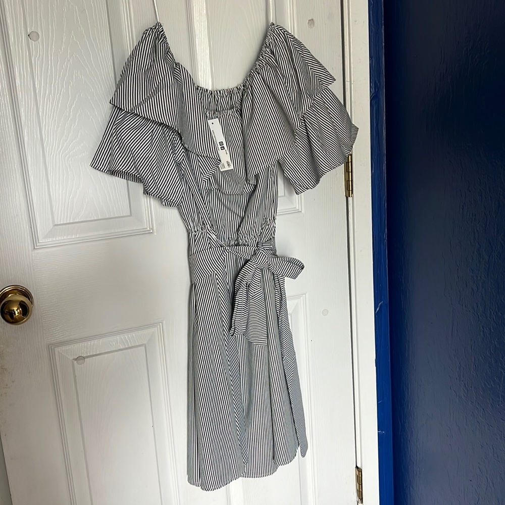 Seersucker pattered off the shoulder dress